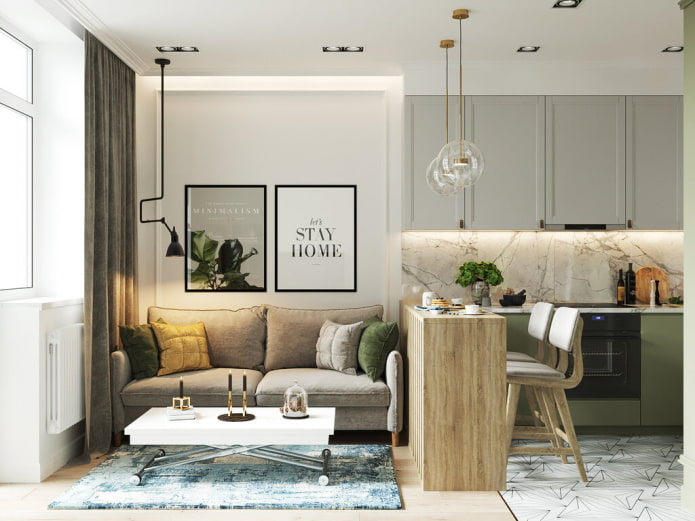 small living room with kitchen